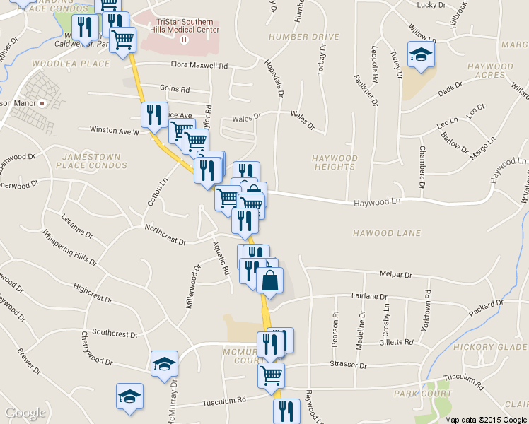 map of restaurants, bars, coffee shops, grocery stores, and more near 383 Haywood Lane in Nashville