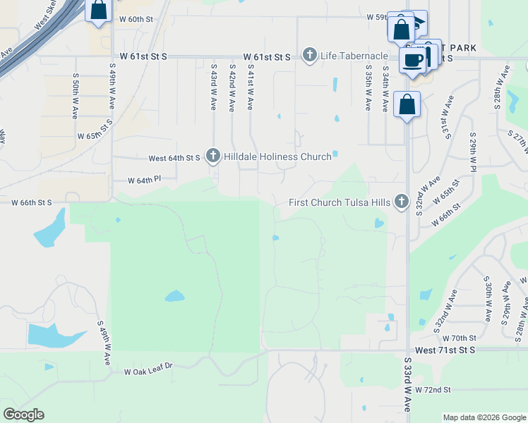 map of restaurants, bars, coffee shops, grocery stores, and more near 6656 Riva Ridge Road in Tulsa