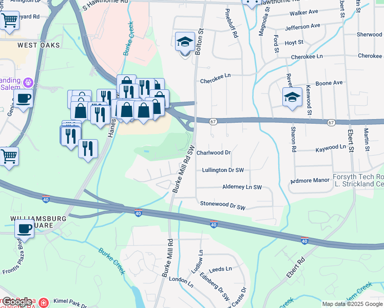 map of restaurants, bars, coffee shops, grocery stores, and more near 1620 Sandersted Road Southwest in Winston-Salem