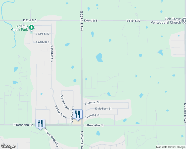 map of restaurants, bars, coffee shops, grocery stores, and more near 6605-6607 South 257th East Avenue in Broken Arrow