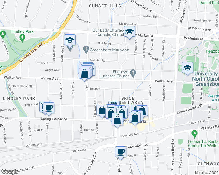 map of restaurants, bars, coffee shops, grocery stores, and more near 1924 Brice Street in Greensboro