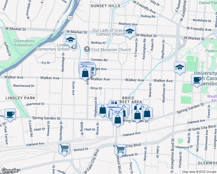 map of restaurants, bars, coffee shops, grocery stores, and more near 1926 Brice Street in Greensboro