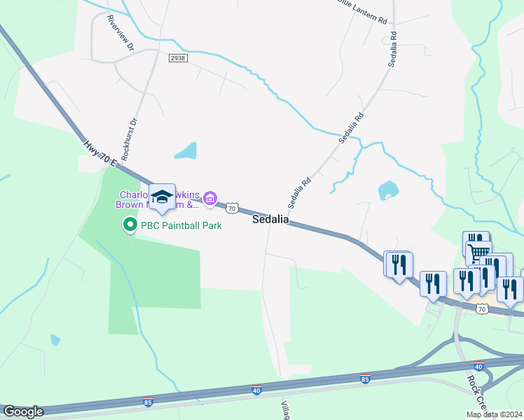 map of restaurants, bars, coffee shops, grocery stores, and more near 6151 Burlington Road in Gibsonville