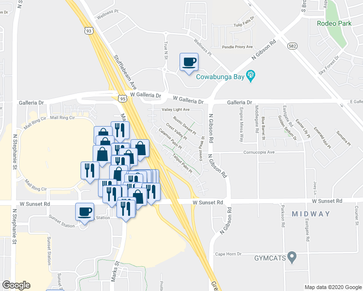 map of restaurants, bars, coffee shops, grocery stores, and more near 695 Calamus Palm Place in Henderson