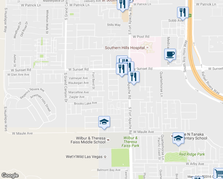 map of restaurants, bars, coffee shops, grocery stores, and more near 6653 South Sleepy Meadow Court in Las Vegas