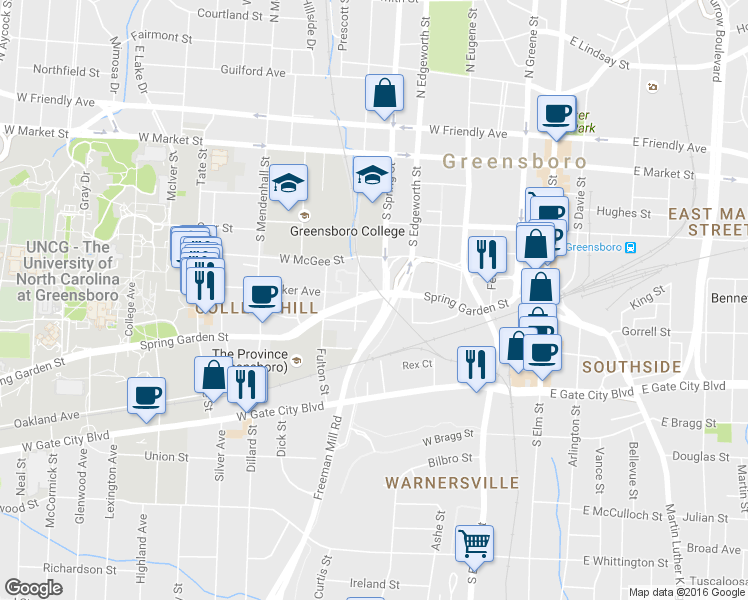 map of restaurants, bars, coffee shops, grocery stores, and more near in Greensboro