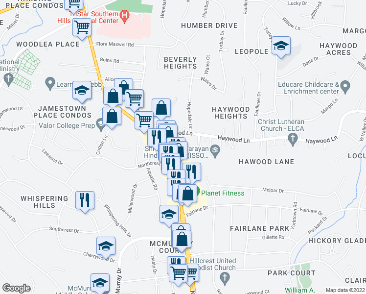 map of restaurants, bars, coffee shops, grocery stores, and more near 383 Haywood Lane in Nashville