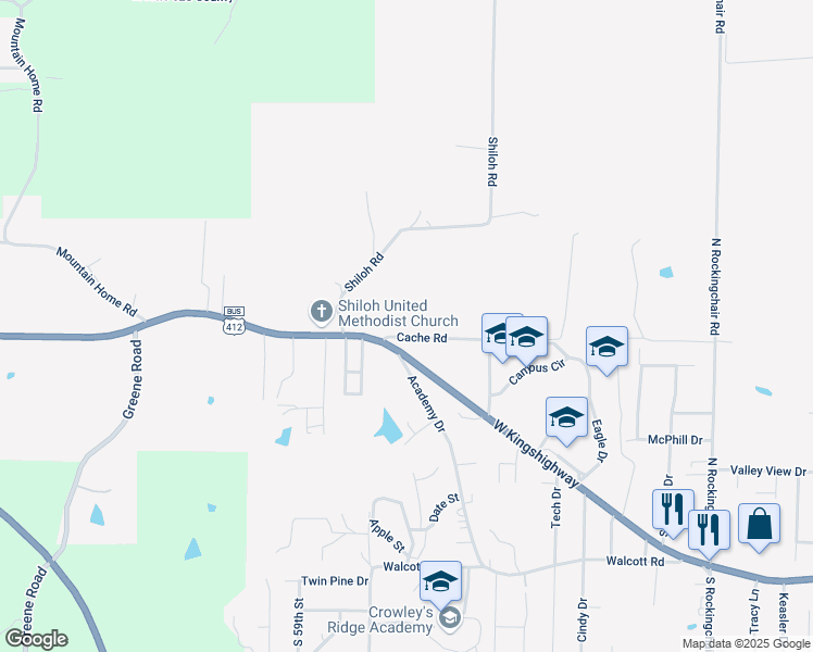 map of restaurants, bars, coffee shops, grocery stores, and more near 5401-5699 Cache Road in Paragould