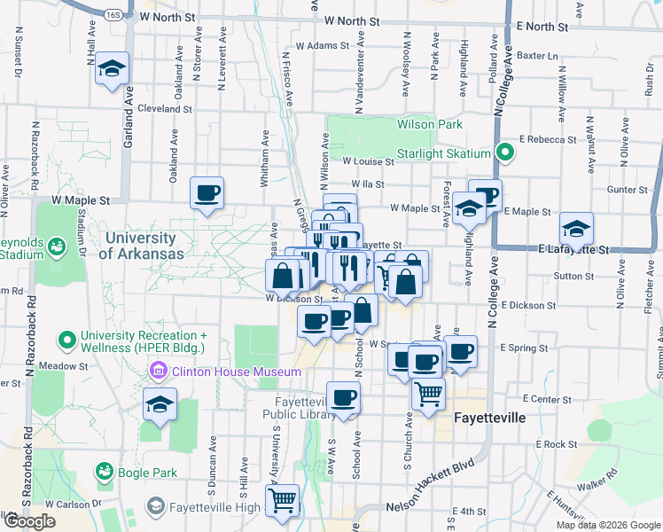 map of restaurants, bars, coffee shops, grocery stores, and more near 347 North West Avenue in Fayetteville