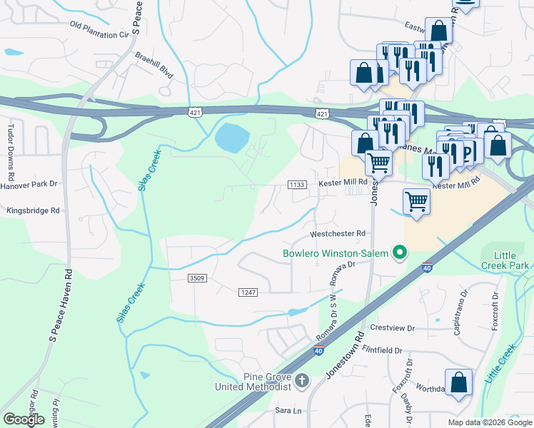 map of restaurants, bars, coffee shops, grocery stores, and more near 4788 Essex Country Lane in Winston-Salem