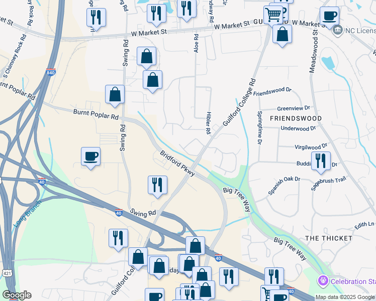 map of restaurants, bars, coffee shops, grocery stores, and more near 420 Guilford College Road in Greensboro