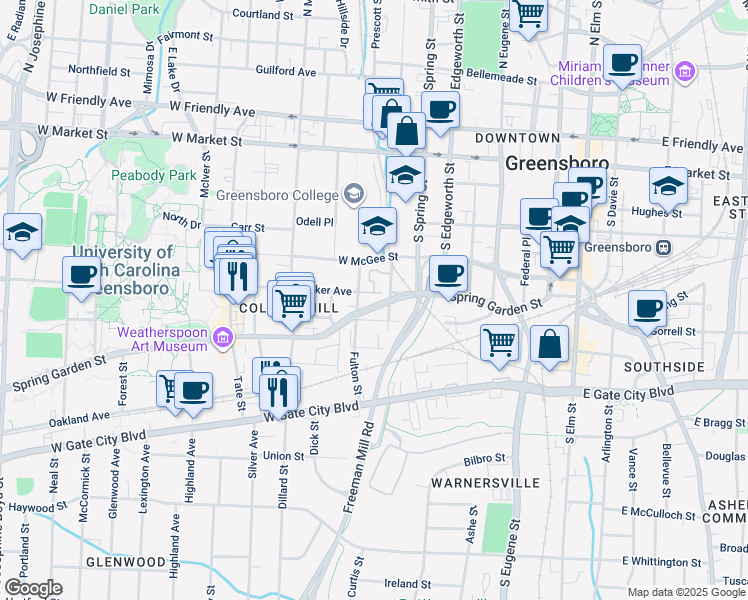 map of restaurants, bars, coffee shops, grocery stores, and more near 623 Walker Avenue in Greensboro