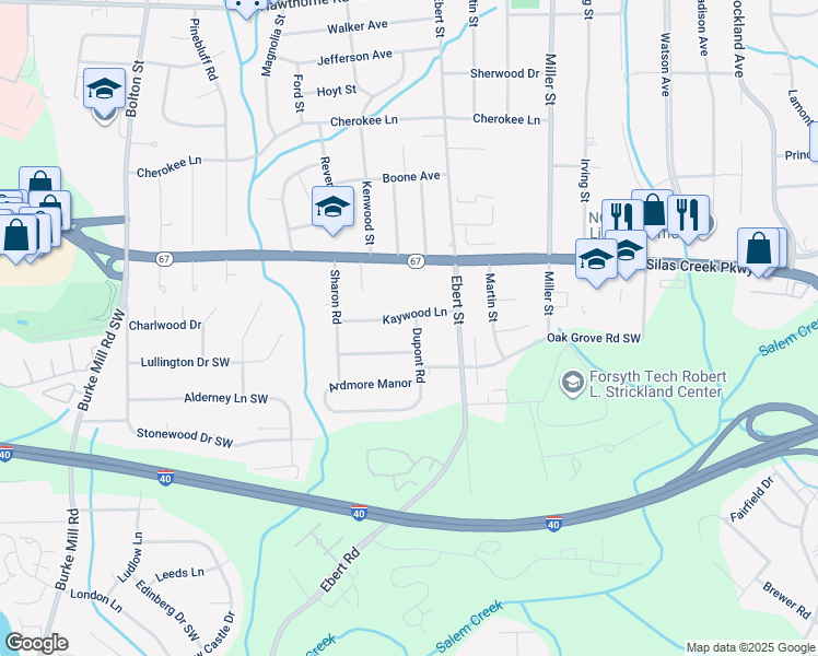 map of restaurants, bars, coffee shops, grocery stores, and more near 1608 Dupont Road in Winston-Salem