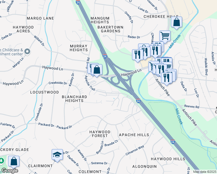 map of restaurants, bars, coffee shops, grocery stores, and more near 3940 Apache Trail in Nashville