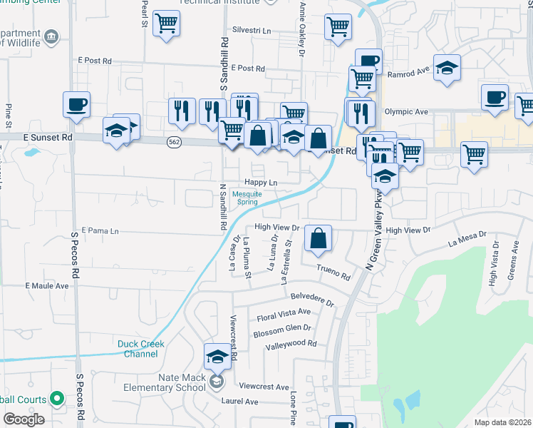 map of restaurants, bars, coffee shops, grocery stores, and more near 2412 Sunfish Drive in Henderson
