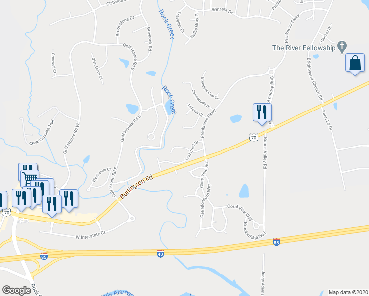 map of restaurants, bars, coffee shops, grocery stores, and more near 6769 Cobble Creek Road in Whitsett
