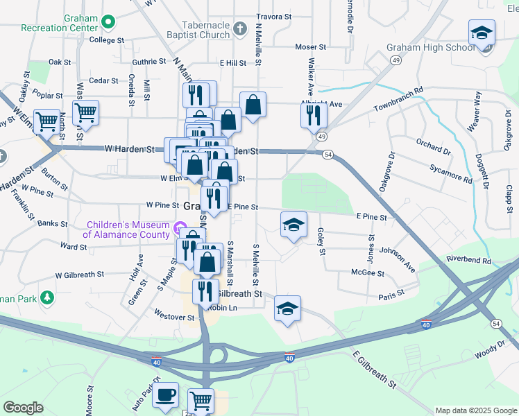 map of restaurants, bars, coffee shops, grocery stores, and more near 311 East Pine Street in Graham
