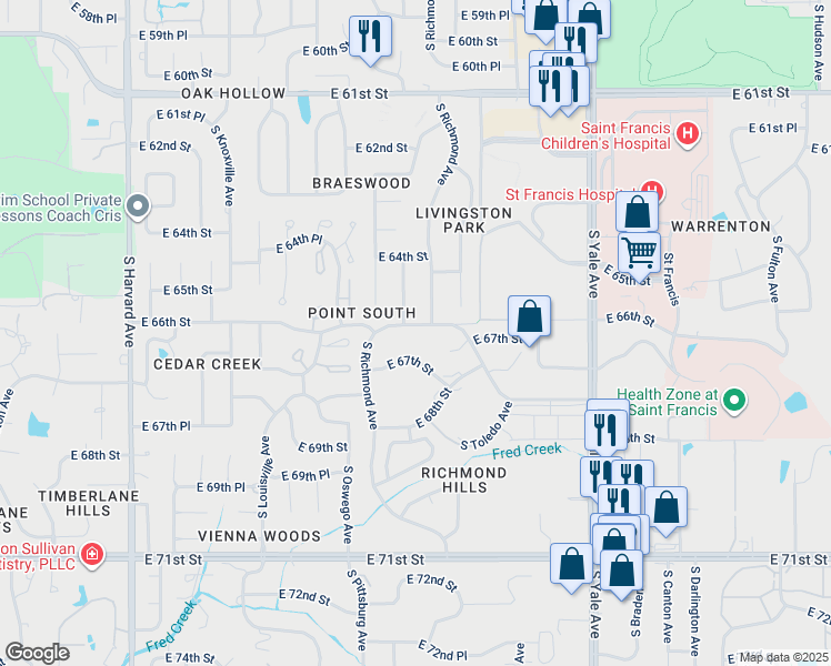 map of restaurants, bars, coffee shops, grocery stores, and more near 4334 East 66th Street in Tulsa