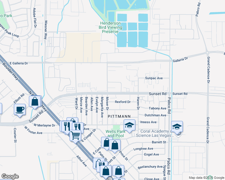 map of restaurants, bars, coffee shops, grocery stores, and more near 401 East Sunset Road in Henderson