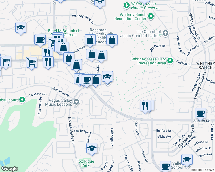 map of restaurants, bars, coffee shops, grocery stores, and more near 711 Valle Verde Court in Henderson