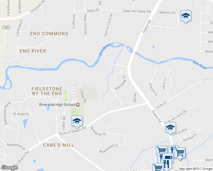 map of restaurants, bars, coffee shops, grocery stores, and more near 3505 Golden Heather Drive in Durham