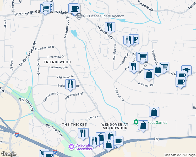 map of restaurants, bars, coffee shops, grocery stores, and more near 24 Collwood Court in Greensboro