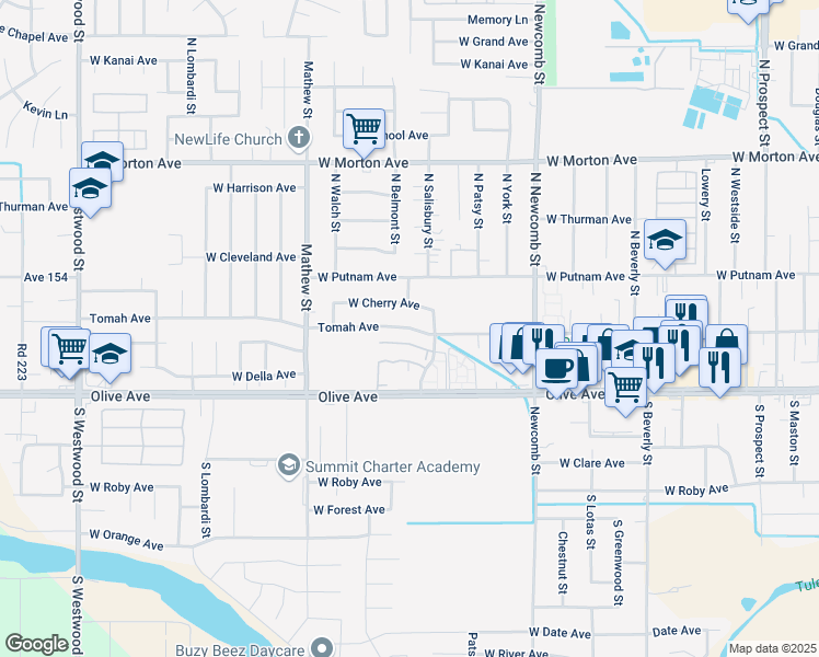 map of restaurants, bars, coffee shops, grocery stores, and more near 1827 Tomah Avenue in Porterville