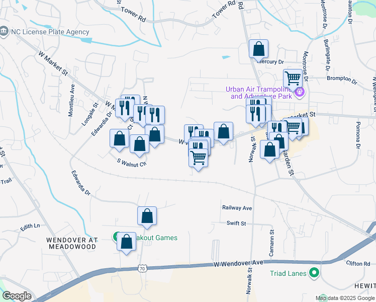 map of restaurants, bars, coffee shops, grocery stores, and more near 4929 West Market Street in Greensboro