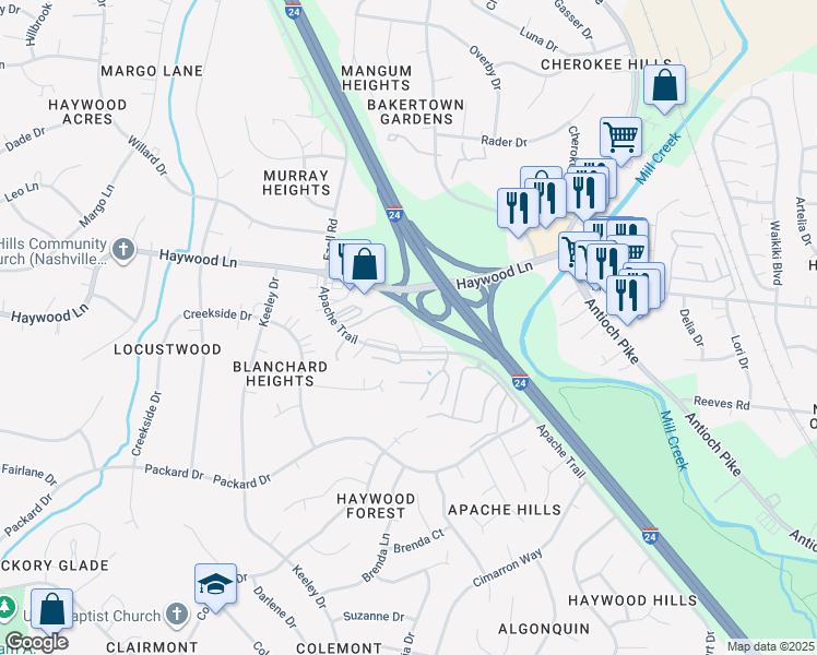 map of restaurants, bars, coffee shops, grocery stores, and more near 3940 Apache Trail in Nashville