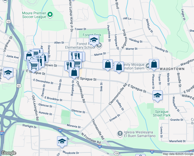 map of restaurants, bars, coffee shops, grocery stores, and more near 1027 East Sprague Street in Winston-Salem