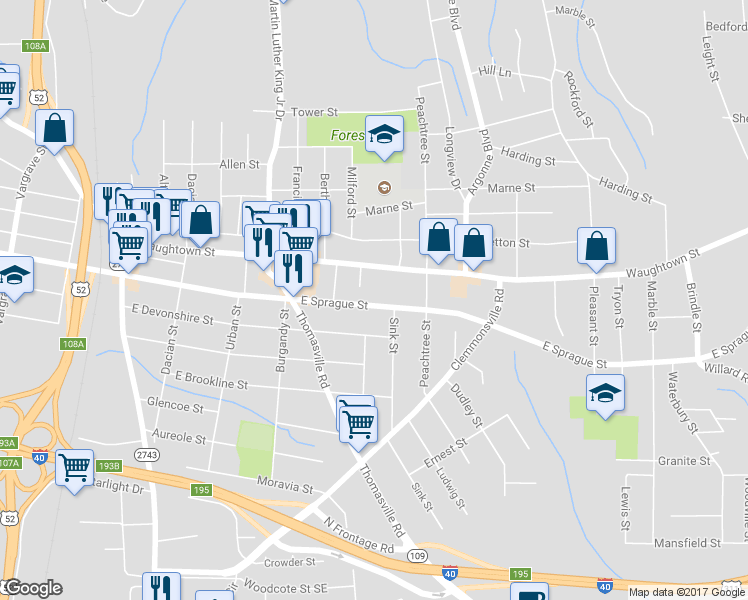 map of restaurants, bars, coffee shops, grocery stores, and more near 1025 East Sprague Street in Winston-Salem