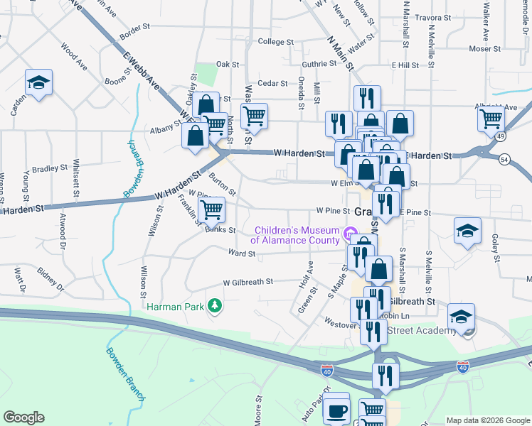 map of restaurants, bars, coffee shops, grocery stores, and more near 412 East Pine Street in Graham
