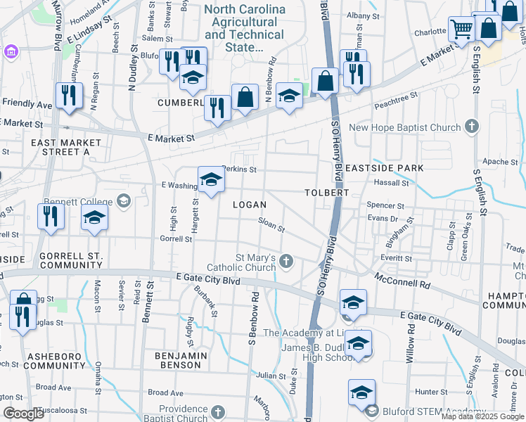 map of restaurants, bars, coffee shops, grocery stores, and more near 603 South Benbow Road in Greensboro