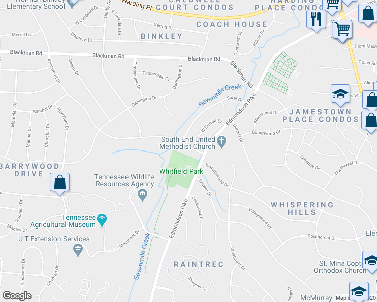 map of restaurants, bars, coffee shops, grocery stores, and more near 5111 Briarwood Drive in Nashville