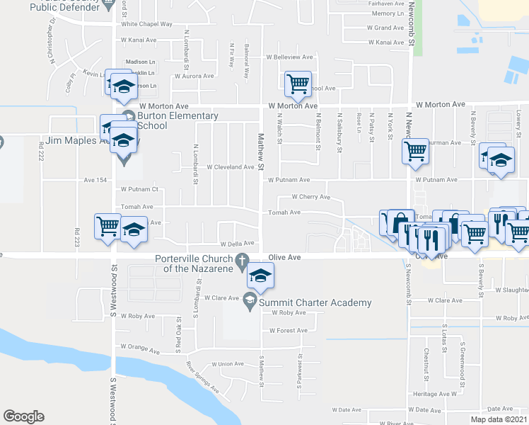 map of restaurants, bars, coffee shops, grocery stores, and more near 1980 West Tomah Avenue in Porterville