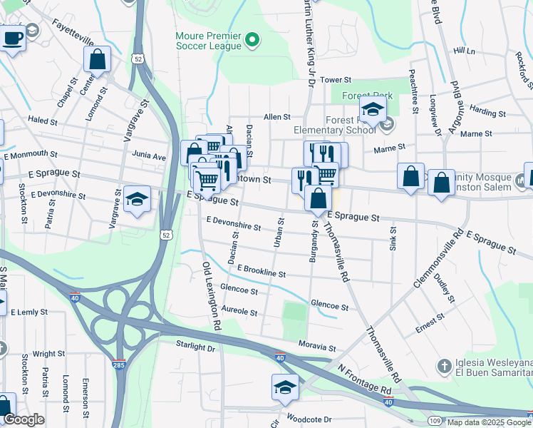 map of restaurants, bars, coffee shops, grocery stores, and more near 735 East Devonshire Street in Winston-Salem