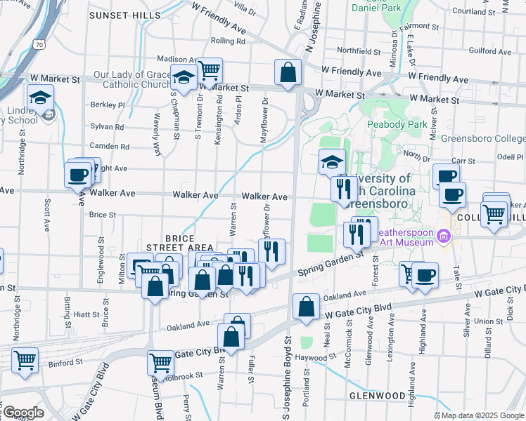 map of restaurants, bars, coffee shops, grocery stores, and more near 506 Mayflower Drive in Greensboro