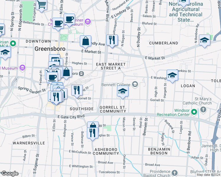 map of restaurants, bars, coffee shops, grocery stores, and more near 506 Martin Street in Greensboro