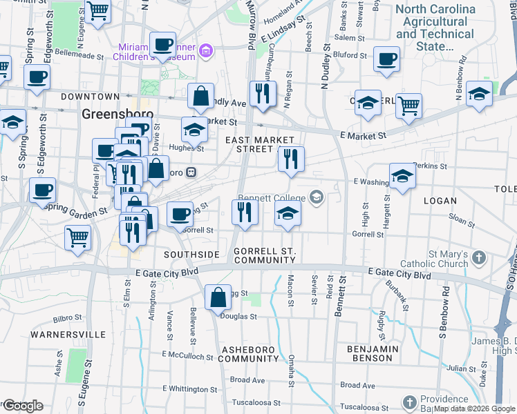 map of restaurants, bars, coffee shops, grocery stores, and more near 543 Plott Street in Greensboro
