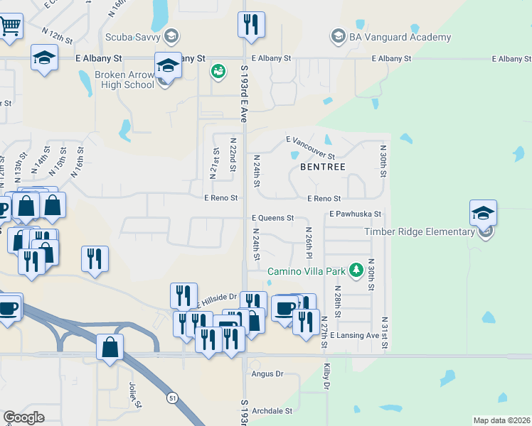 map of restaurants, bars, coffee shops, grocery stores, and more near 2513 East Queens Street in Broken Arrow
