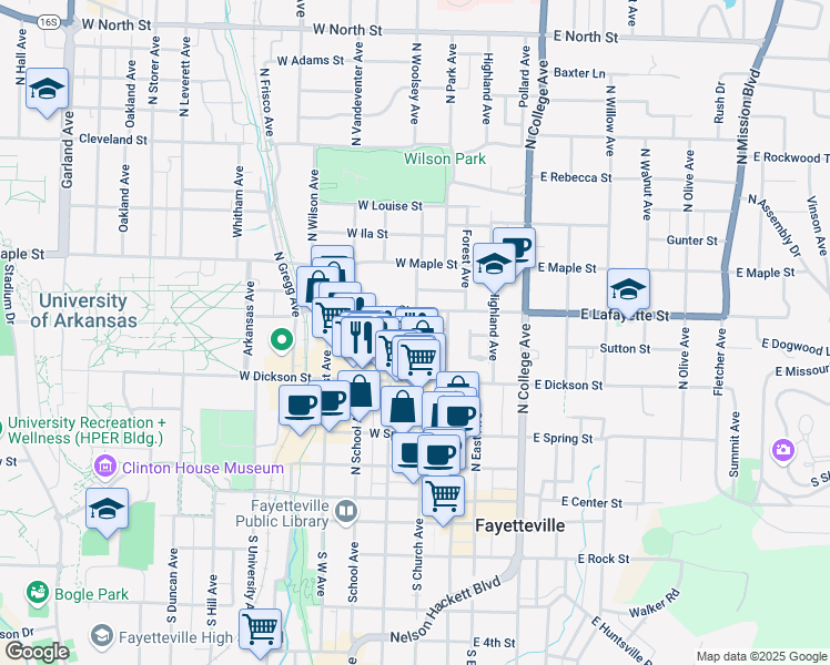 map of restaurants, bars, coffee shops, grocery stores, and more near 129 Boles Street in Fayetteville