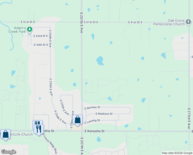 map of restaurants, bars, coffee shops, grocery stores, and more near 6605-6607 South 257th East Avenue in Broken Arrow