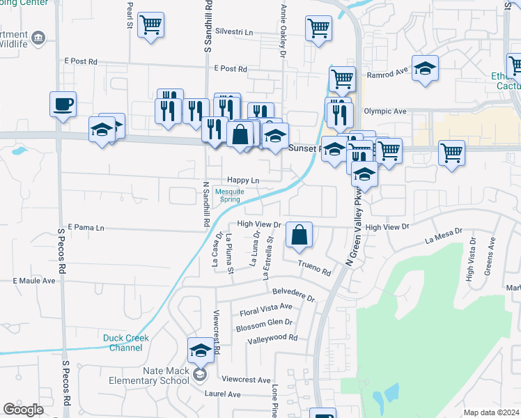 map of restaurants, bars, coffee shops, grocery stores, and more near 3155 High View Drive in Henderson
