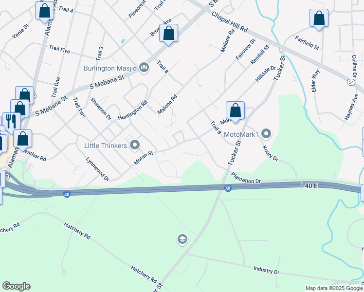 map of restaurants, bars, coffee shops, grocery stores, and more near 2495 Ashton Park Lane in Burlington