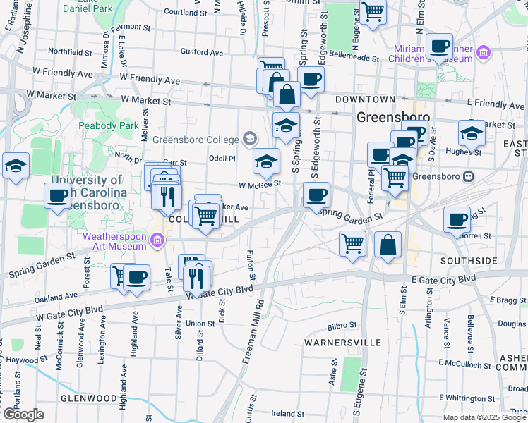 map of restaurants, bars, coffee shops, grocery stores, and more near 608 Spring Garden Street in Greensboro