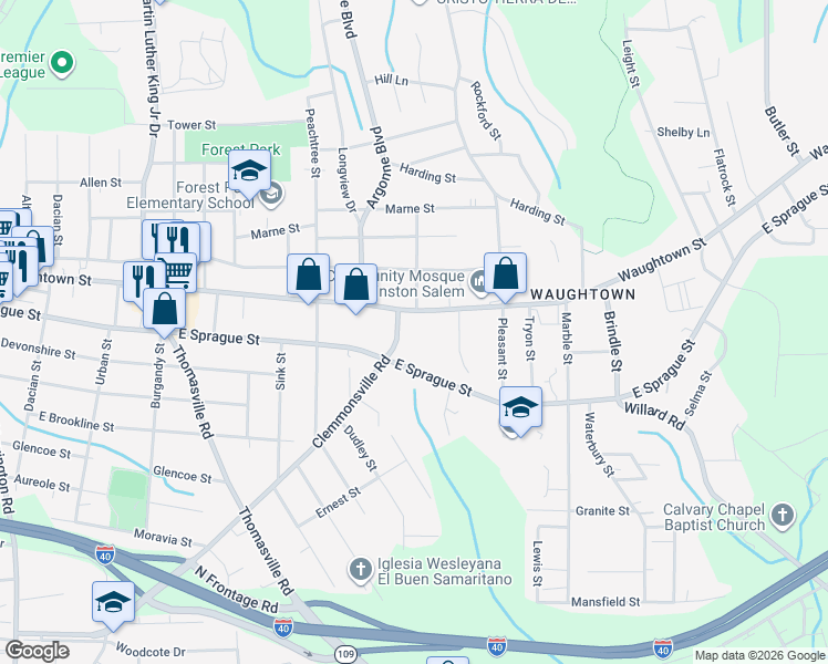 map of restaurants, bars, coffee shops, grocery stores, and more near 1330 Waughtown Street in Winston-Salem