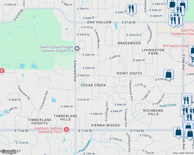 map of restaurants, bars, coffee shops, grocery stores, and more near 3507 East 66th Place in Tulsa