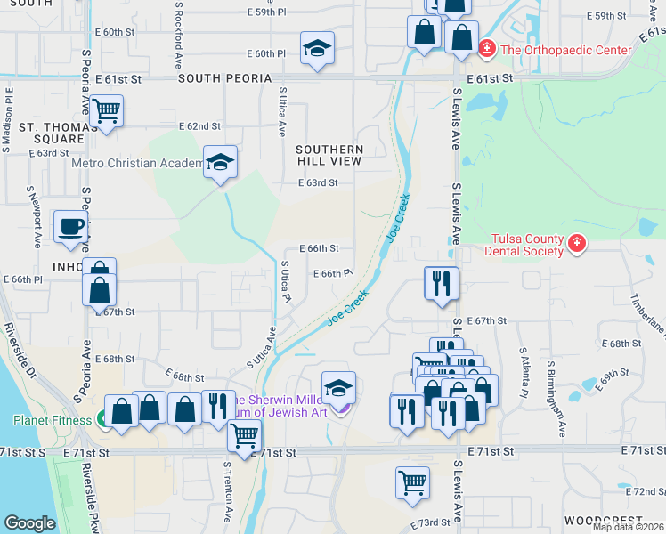 map of restaurants, bars, coffee shops, grocery stores, and more near 1808d East 66th Place in Tulsa