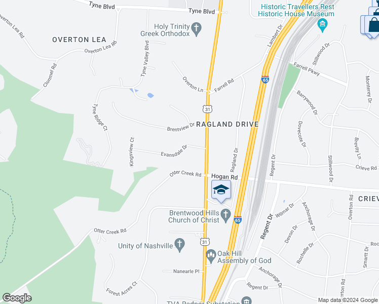 map of restaurants, bars, coffee shops, grocery stores, and more near 5045 Franklin Pike in Nashville