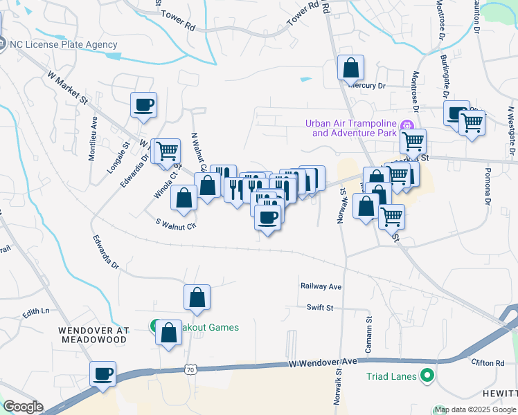 map of restaurants, bars, coffee shops, grocery stores, and more near 4929 West Market Street in Greensboro